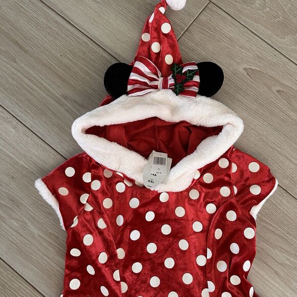 NEW Disney Parks Girls Hooded Red Polka Dot Minnie Mouse Holiday Dress XL / 14 - Picture 3 of 6